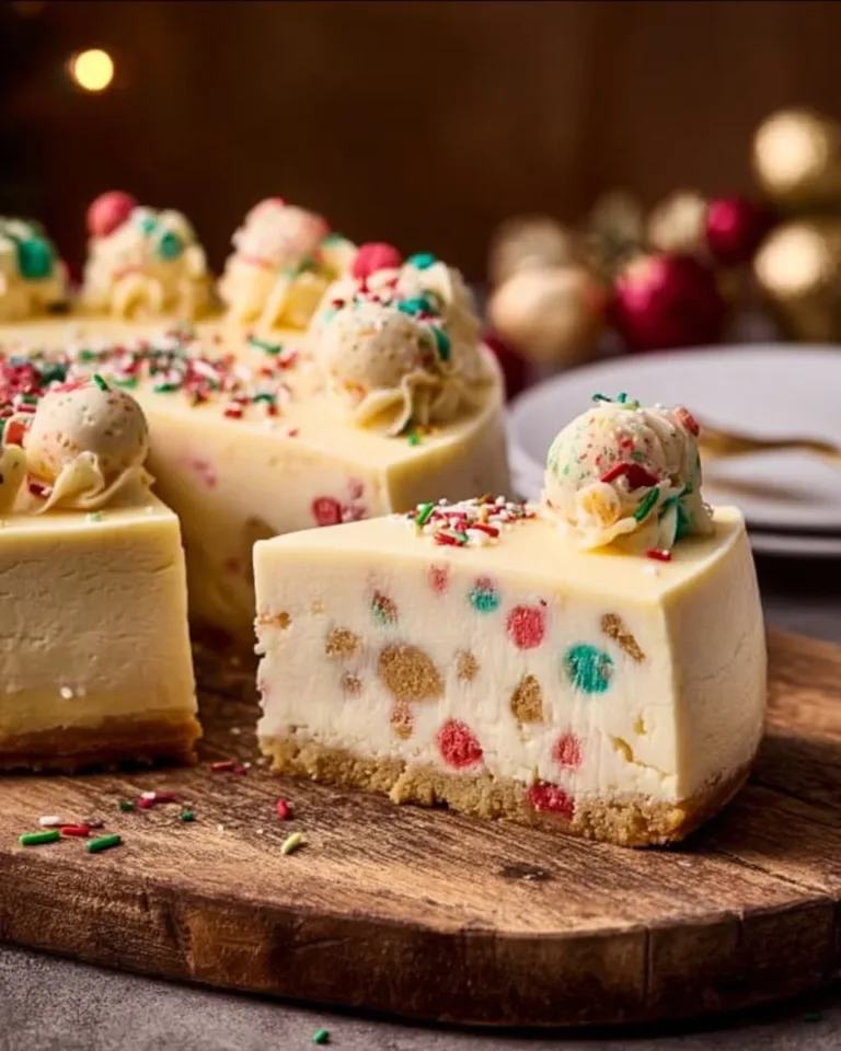 A slice of sugar cookie cheesecake topped with colorful sprinkles on a white plate.