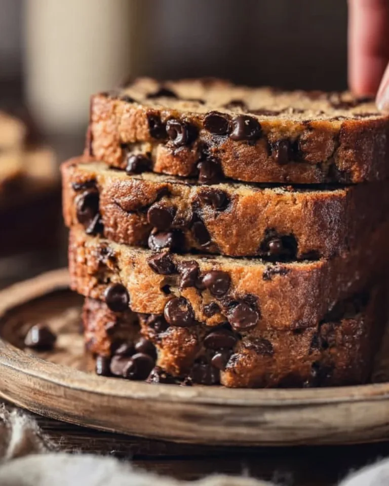 A loaf of super moist chocolate chip banana bread with chocolate chips on top.