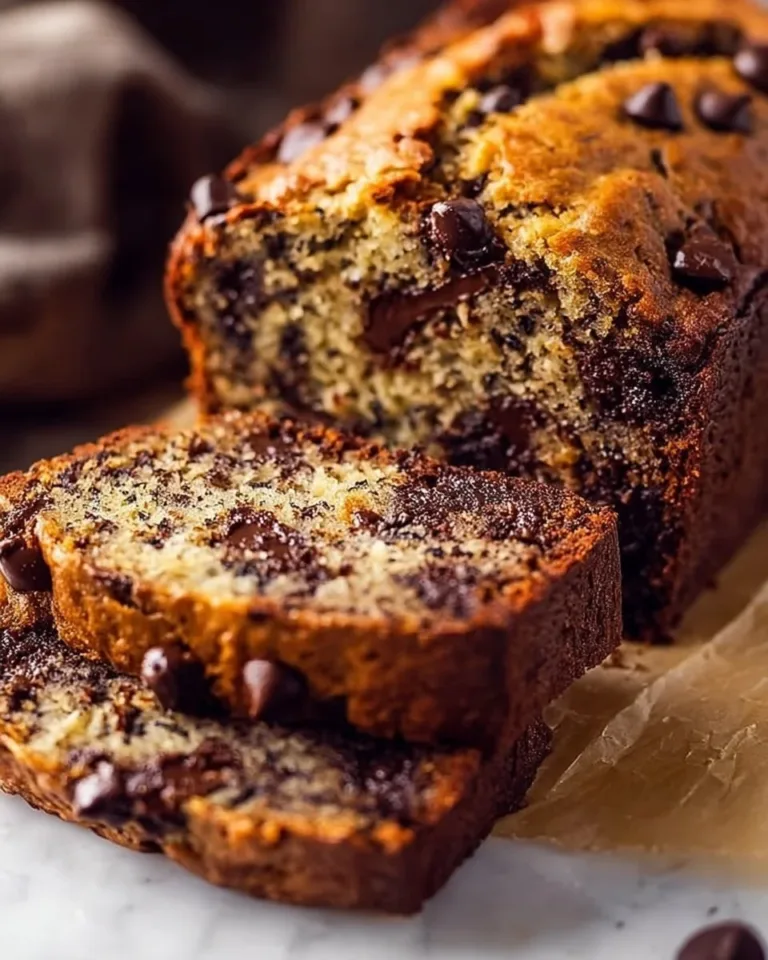 Super moist chocolate chip banana bread with melted chocolate chunks