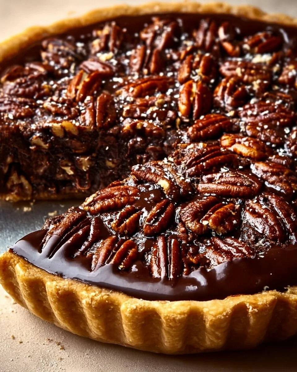 Delicious Texas Chocolate Pecan Pie with a rich chocolate and pecan filling