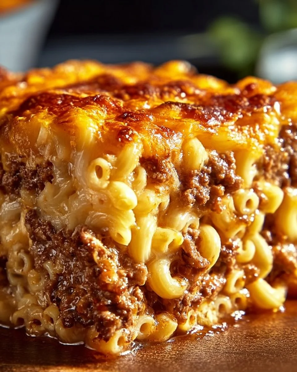 Delicious Mac and Cheese Meatloaf Casserole fresh out of the oven