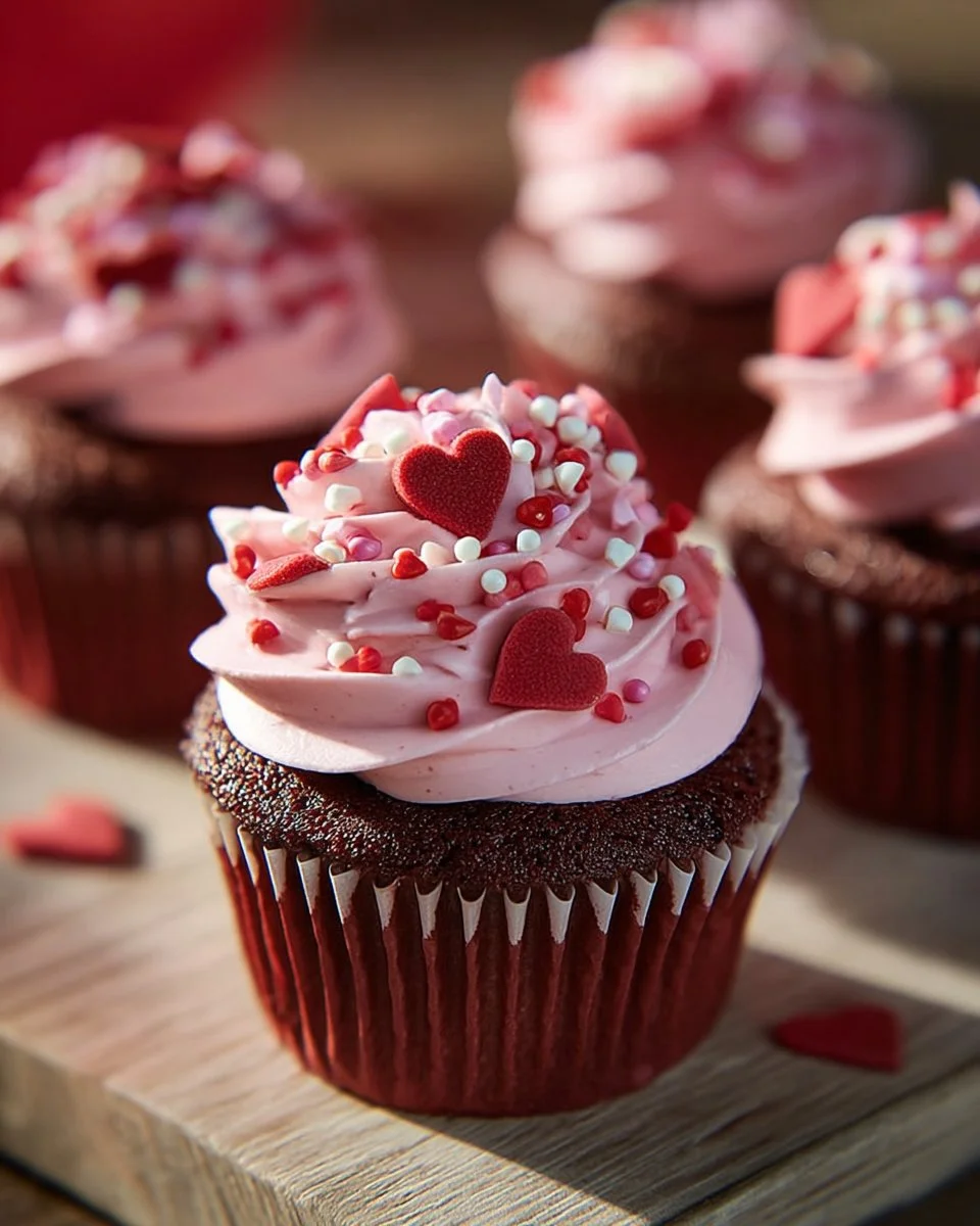 Valentine's Day cupcakes decorated with hearts and pink icing.
