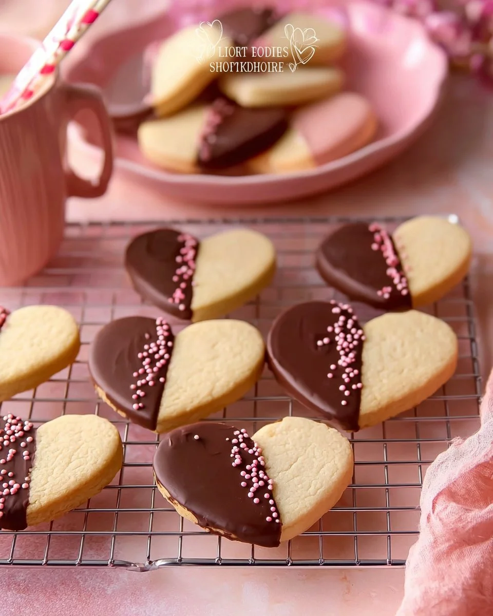 Valentine's Day shortbread hearts decorated with icing and sprinkles