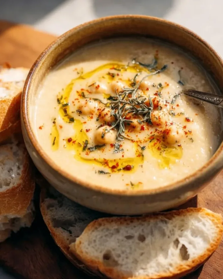 Bowl of Vegan Garlic Chickpea Soup garnished with herbs