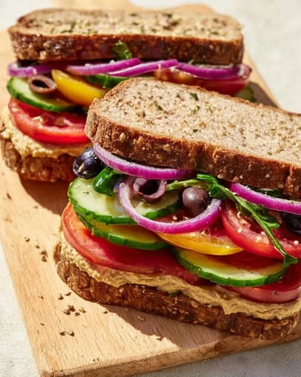 Delicious Veggie Hummus Sandwich loaded with fresh veggies and hummus on whole grain bread.
