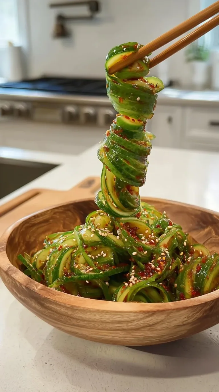 Delicious Asian cucumber salad served in a bowl, garnished with fresh herbs.