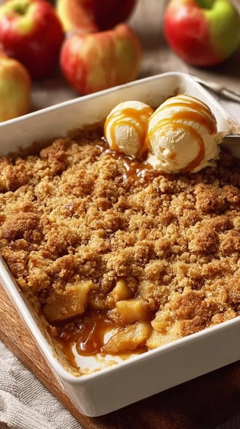 Delicious baked apple crumble dessert topped with a crunchy golden crust