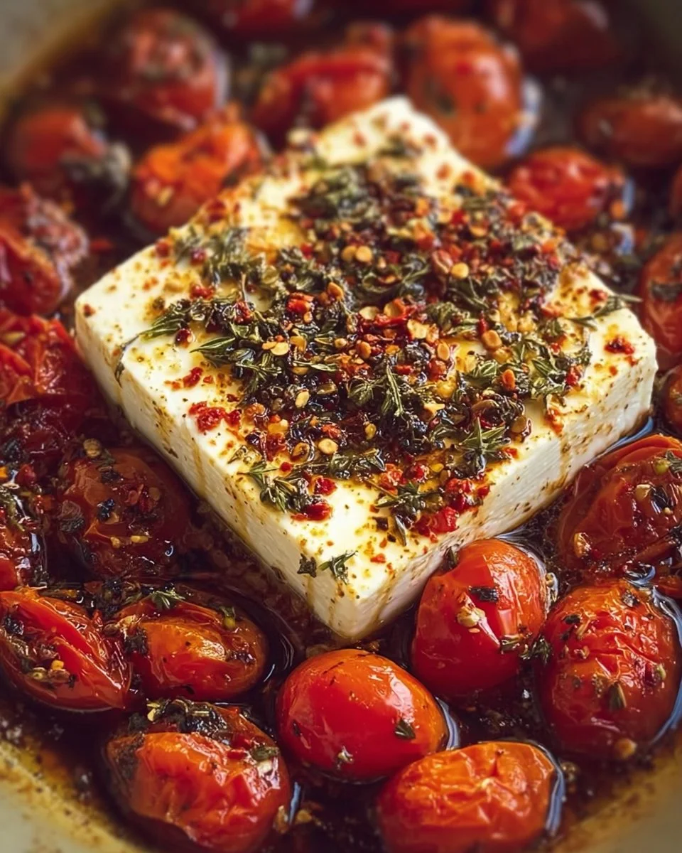 Delicious baked goat cheese pasta topped with herbs and tomatoes