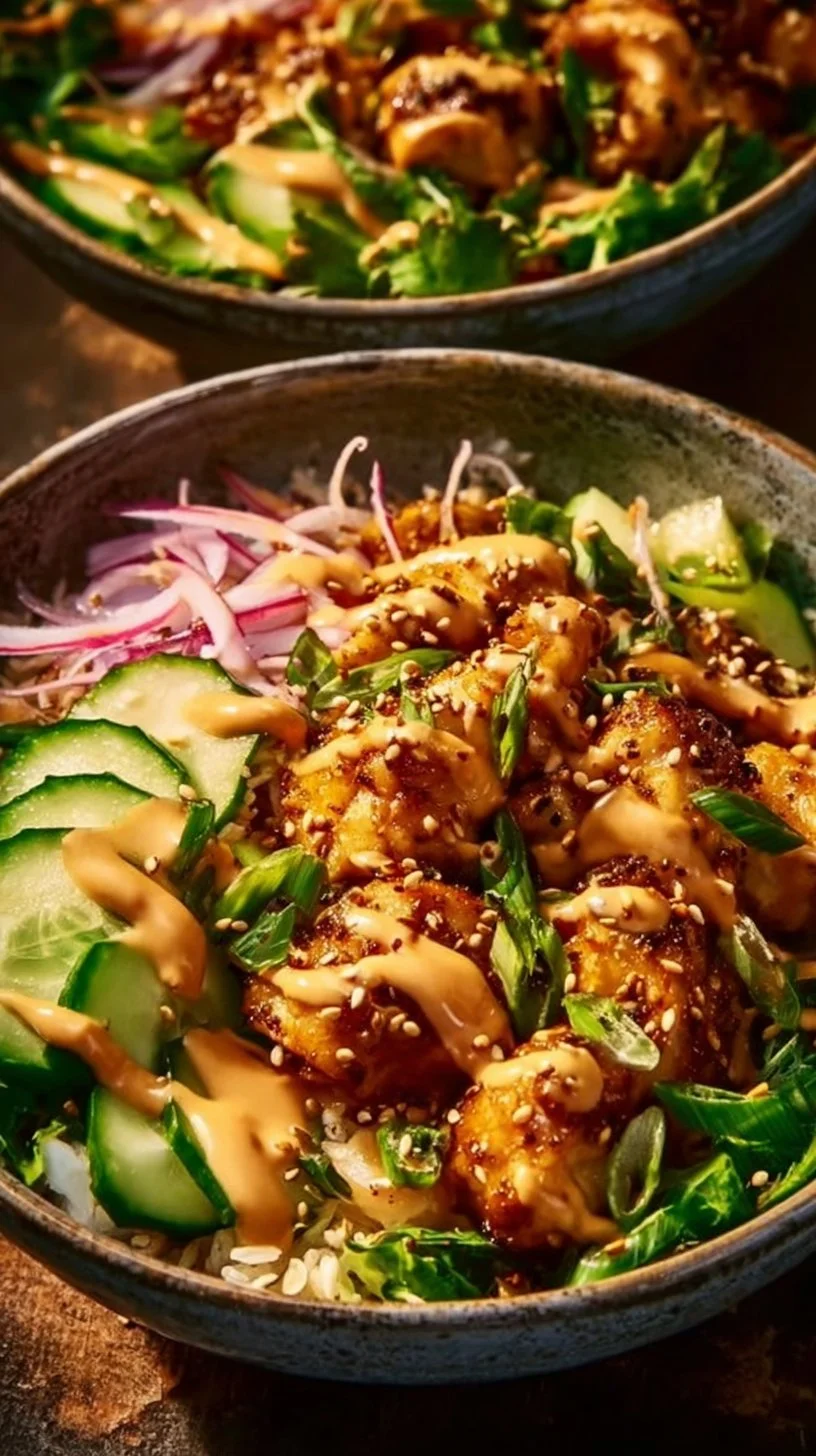 Bang Bang Chicken Bowl with creamy sauce and fresh vegetables