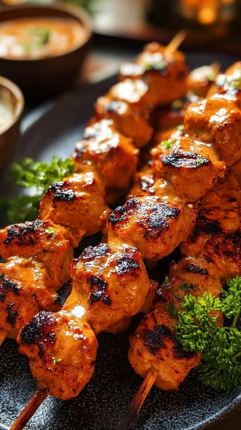 Delicious Bang Bang Chicken Skewers served on a platter