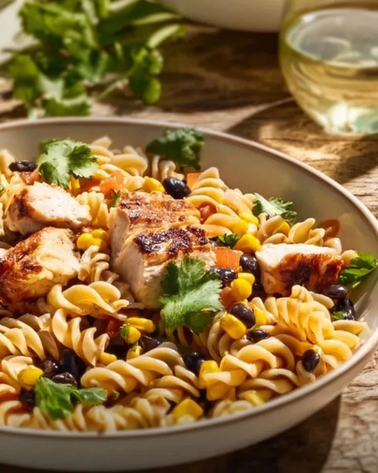 A bowl of colorful BBQ Chicken Pasta Salad with fresh ingredients