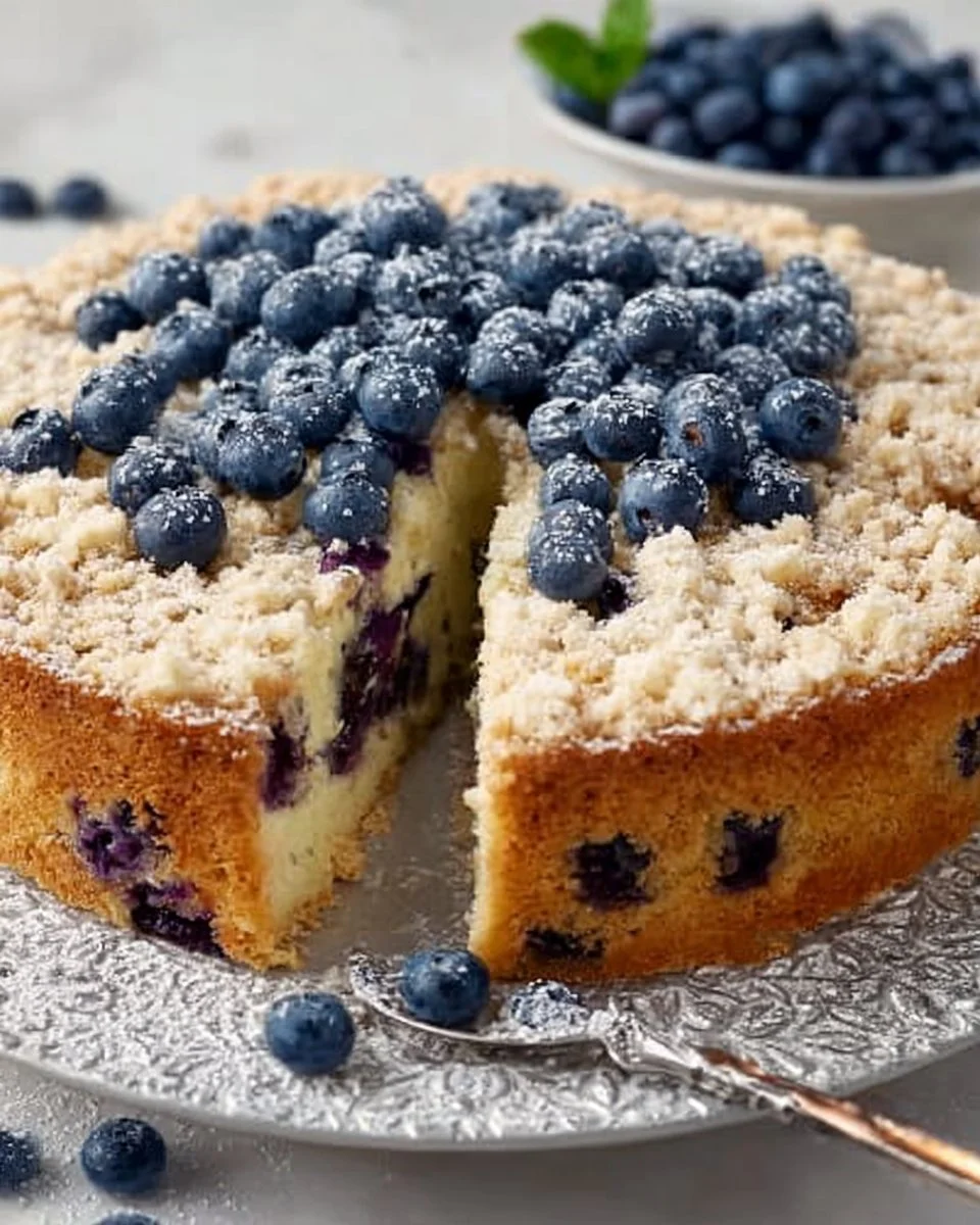 Delicious blueberry cream cheese coffee cake slice on a plate