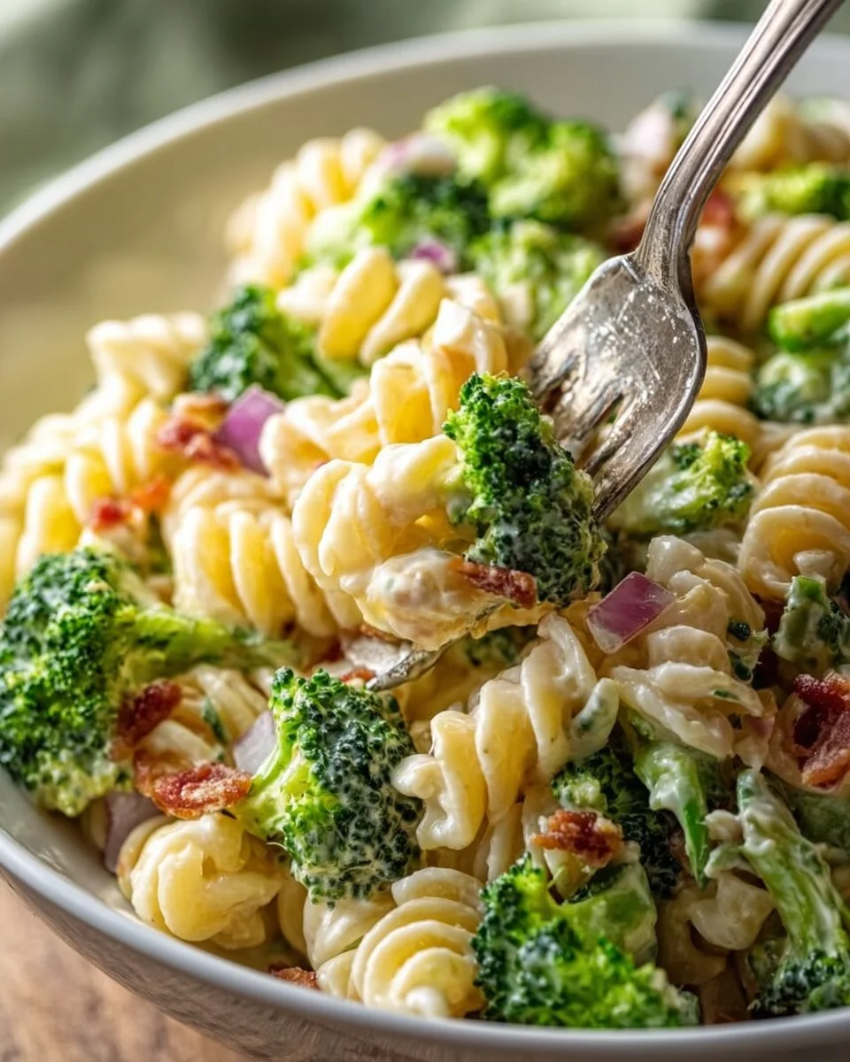 Delicious broccoli pasta salad garnished with fresh vegetables