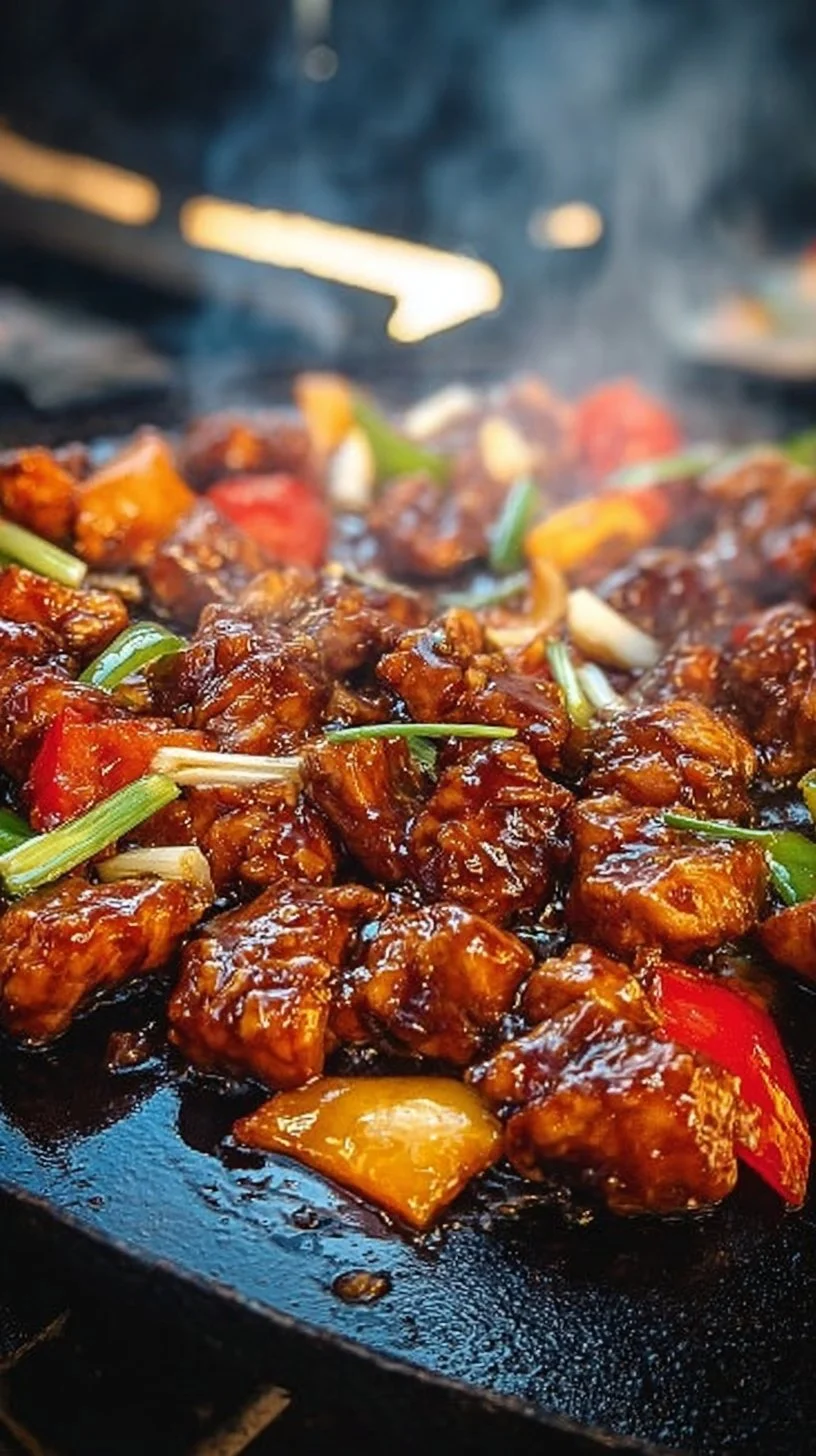 Delicious Blackstone Bourbon Chicken served on a plate
