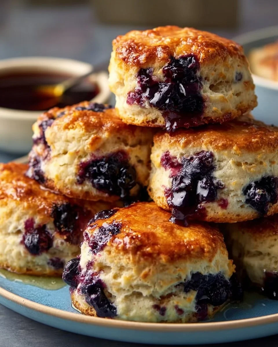 Freshly baked blueberry biscuits on a cooling rack