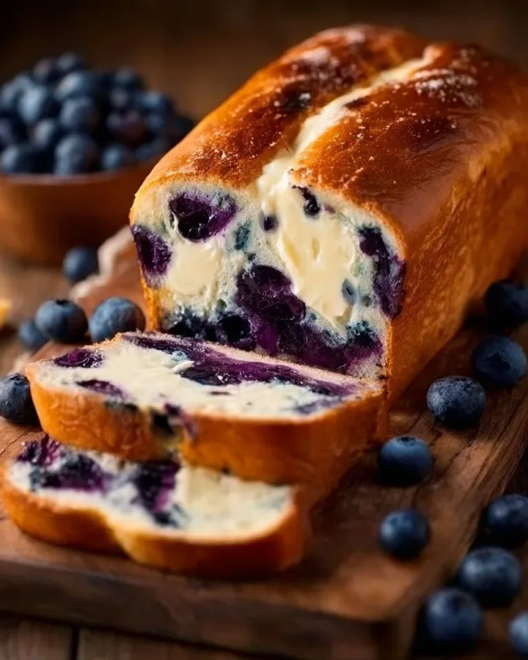 Slice of Blueberry Cream Cheese Bread with fresh blueberries on top