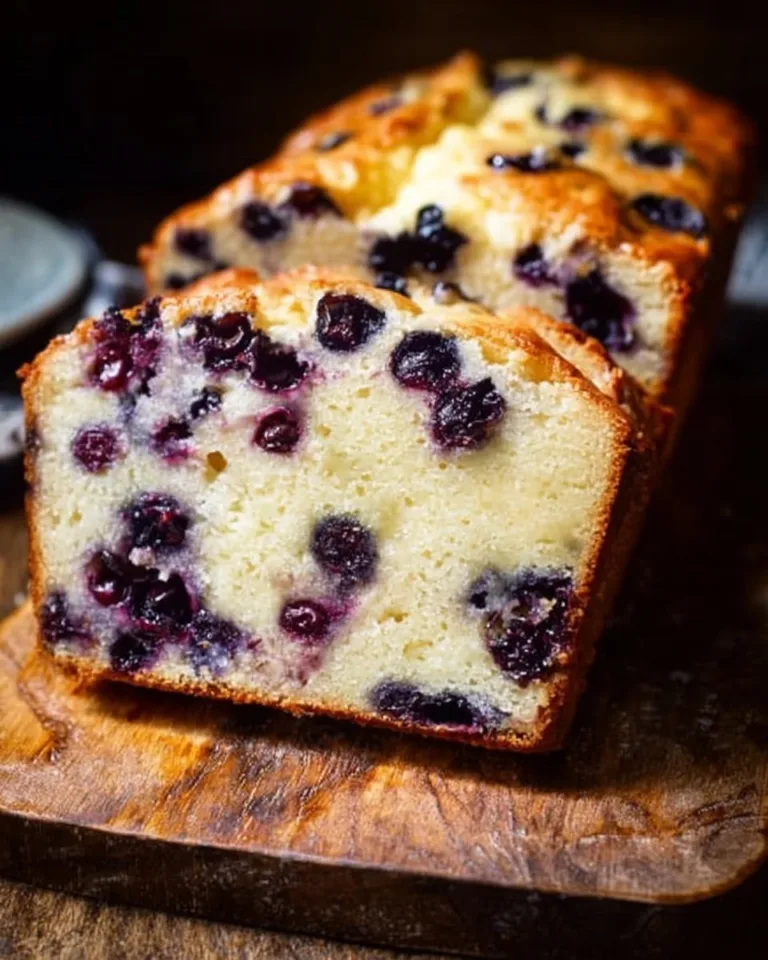 Sliced blueberry cream cheese loaf with blueberries on top