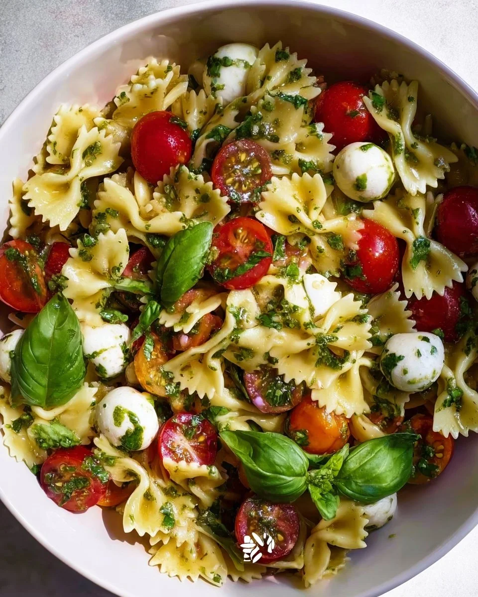 Colorful Bow Tie Pasta Salad with vegetables and dressing