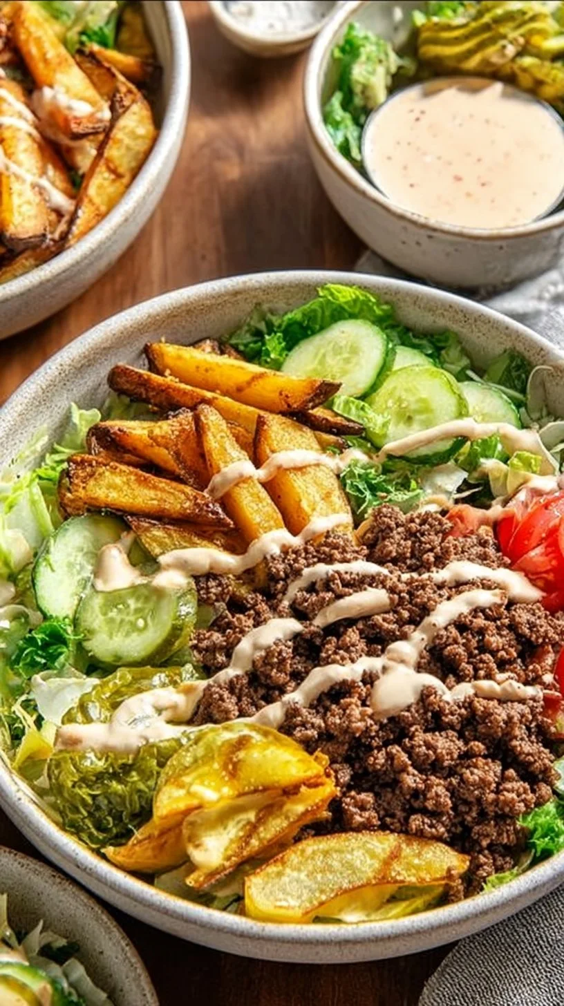 A colorful and healthy Burger Bowl featuring fresh ingredients and ground beef