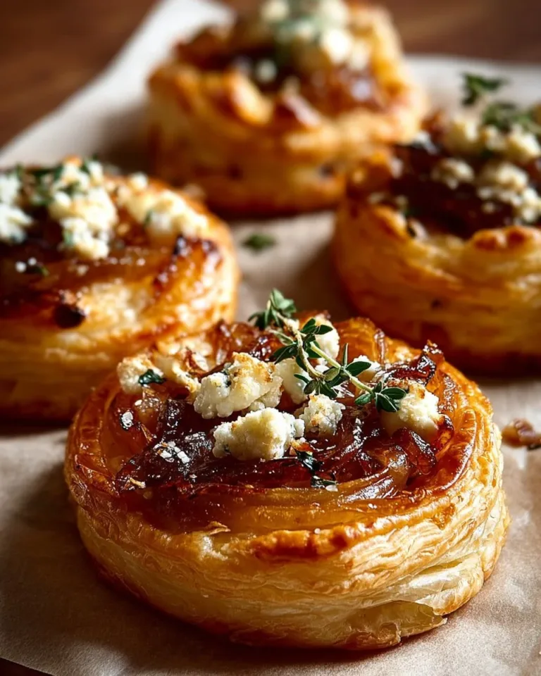 Caramelized onion and goat cheese tarts served on a rustic platter