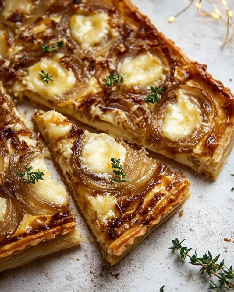 Slice of caramelized onion tart on a wooden serving board