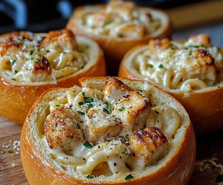 Chicken Alfredo Garlic Bread Bowls Chicken Alfredo Chicken Alfredo Garlic Bread Bowls