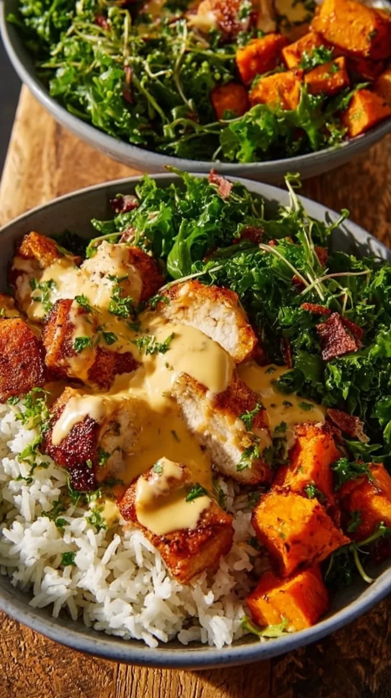 Chicken and Sweet Potato Bowls with colorful vegetables and healthy toppings