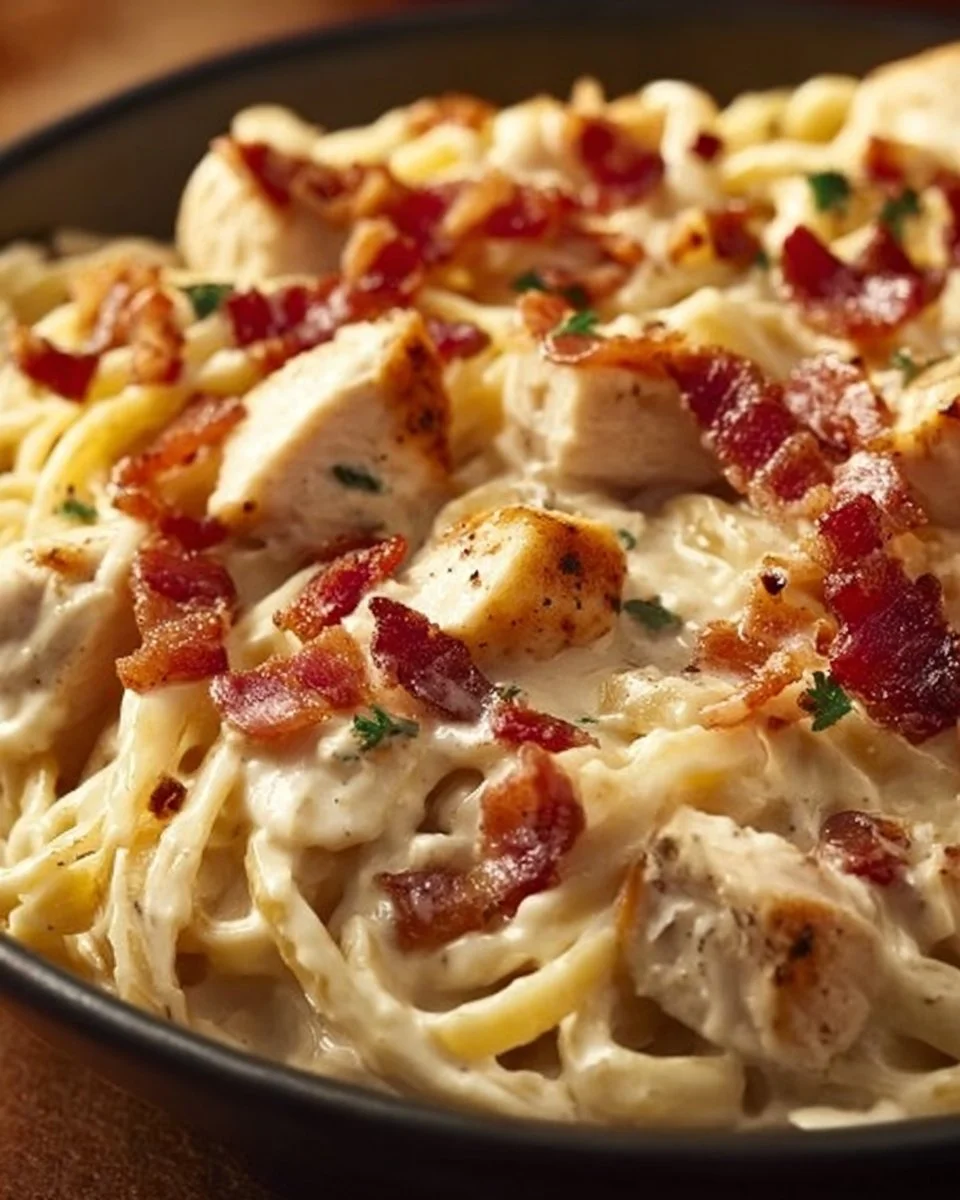 Delicious Chicken Bacon Ranch Pasta topped with crispy bacon and ranch dressing