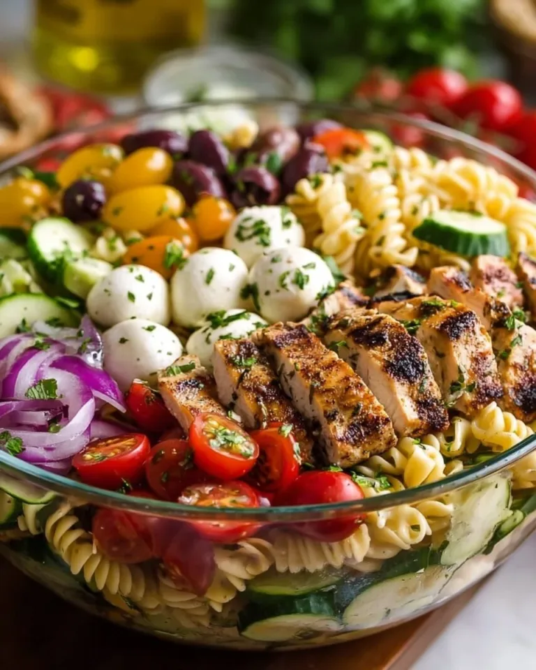 Bowl of colorful chicken pasta salad with vegetables and dressing