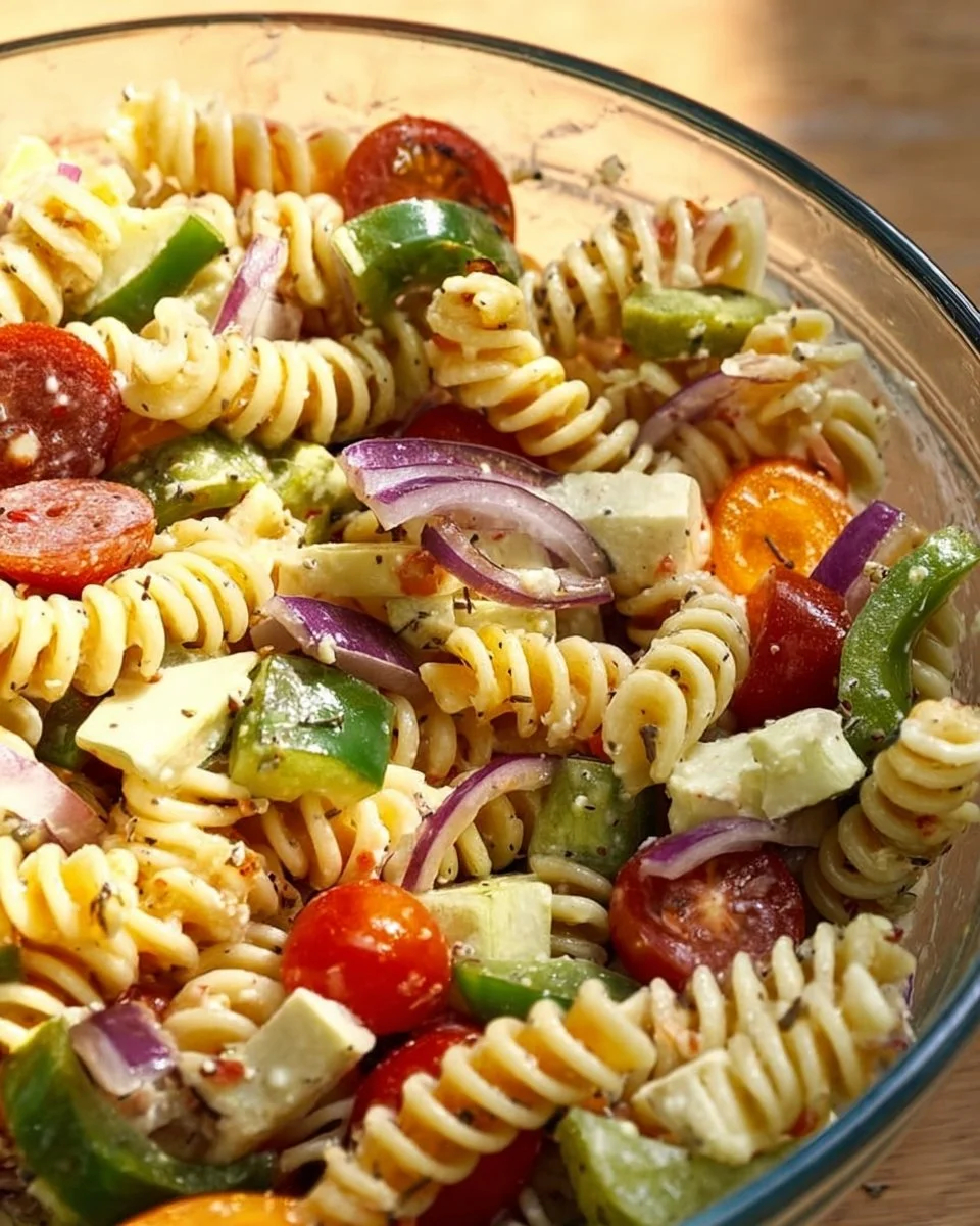A vibrant bowl of classic pasta salad with fresh vegetables and dressing