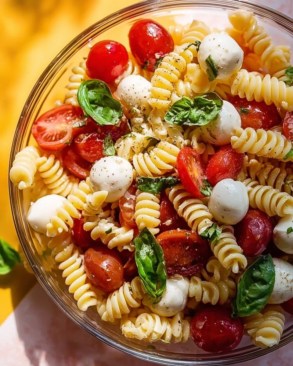 Colorful Caprese Pasta Salad with tomatoes, mozzarella, basil, and pasta