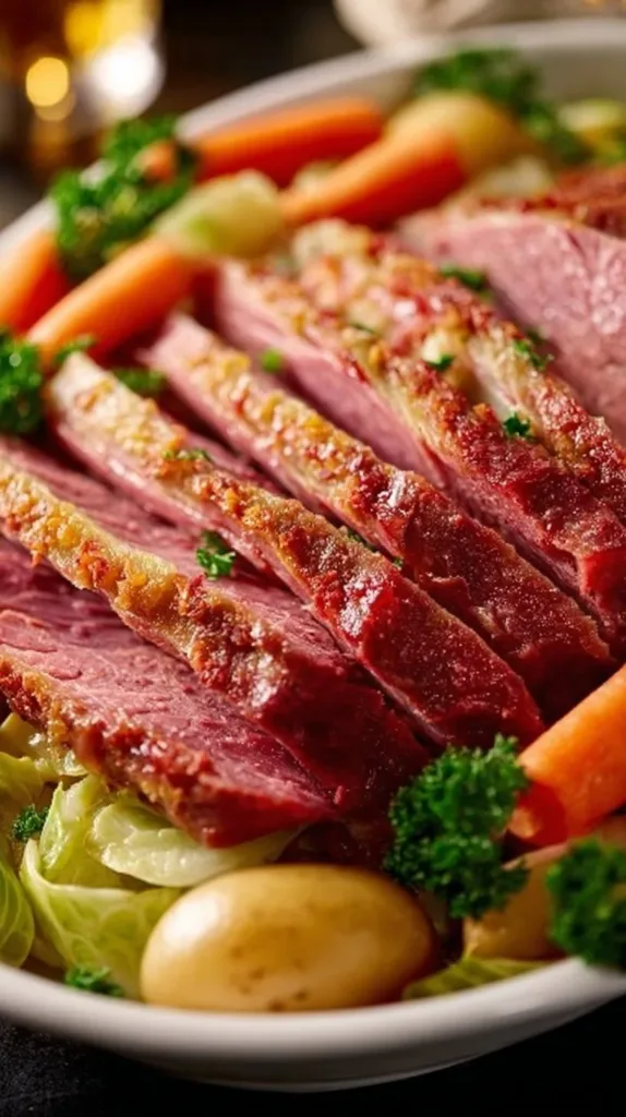 Delicious corned beef served with cabbage and colorful vegetables
