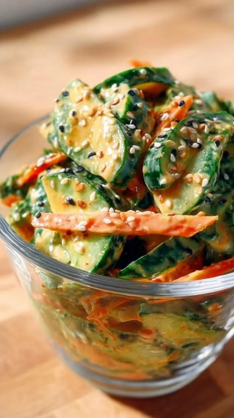 Bowl of creamy Asian cucumber salad with vibrant vegetables and dressing