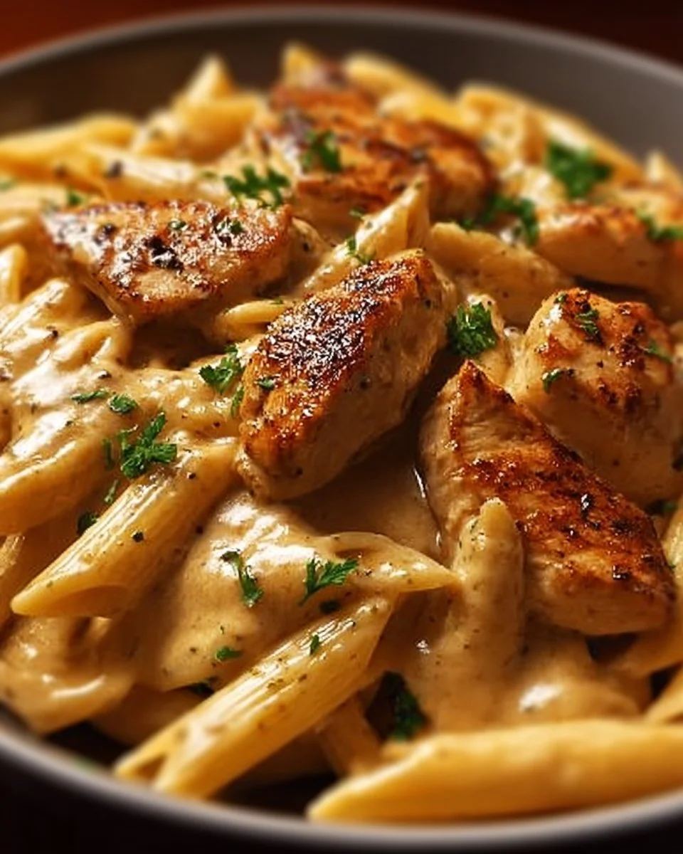 Creamy Cajun Chicken Pasta with spices and herbs in a bowl