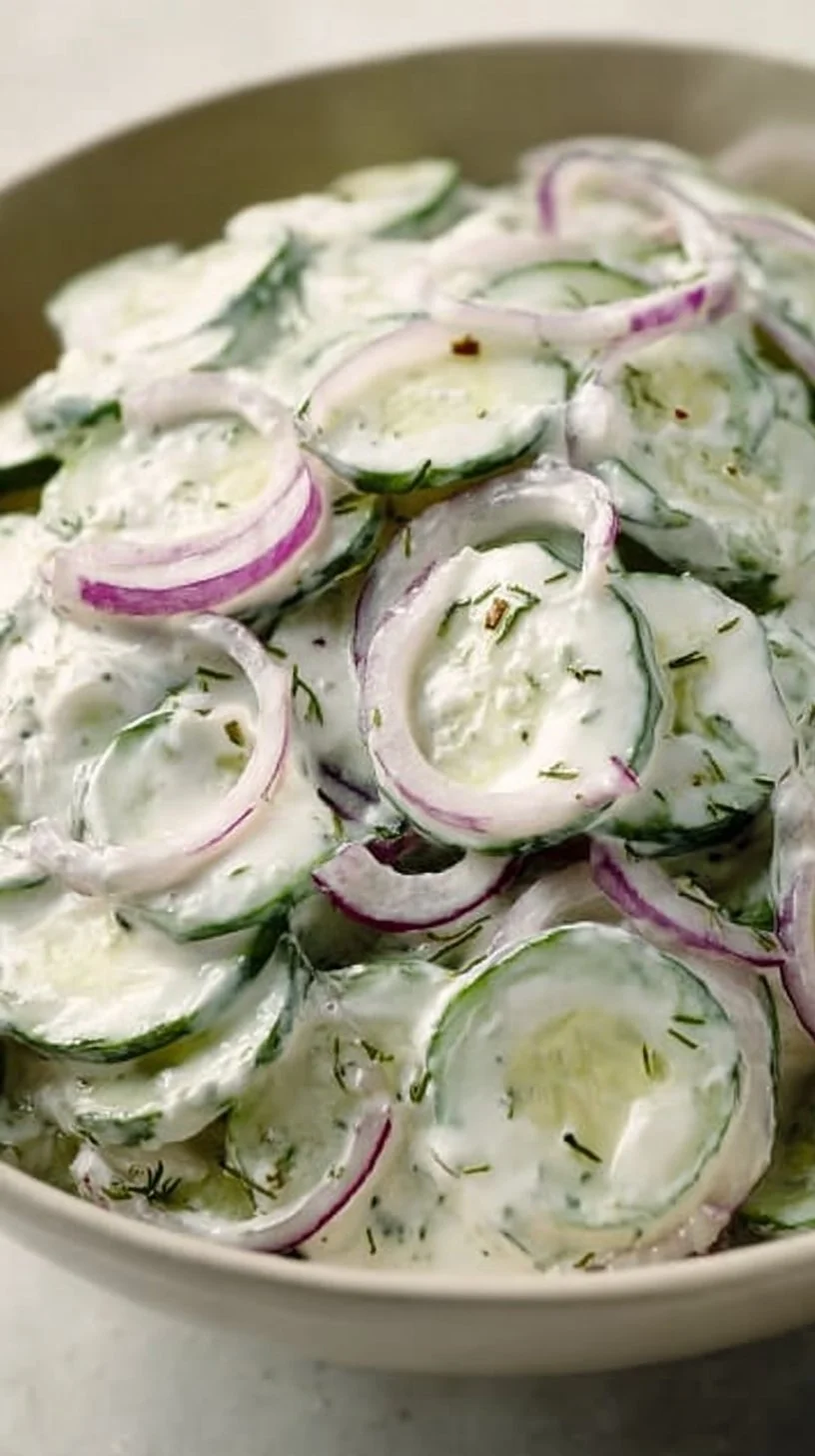 Creamy cucumber salad topped with sour cream on a white plate