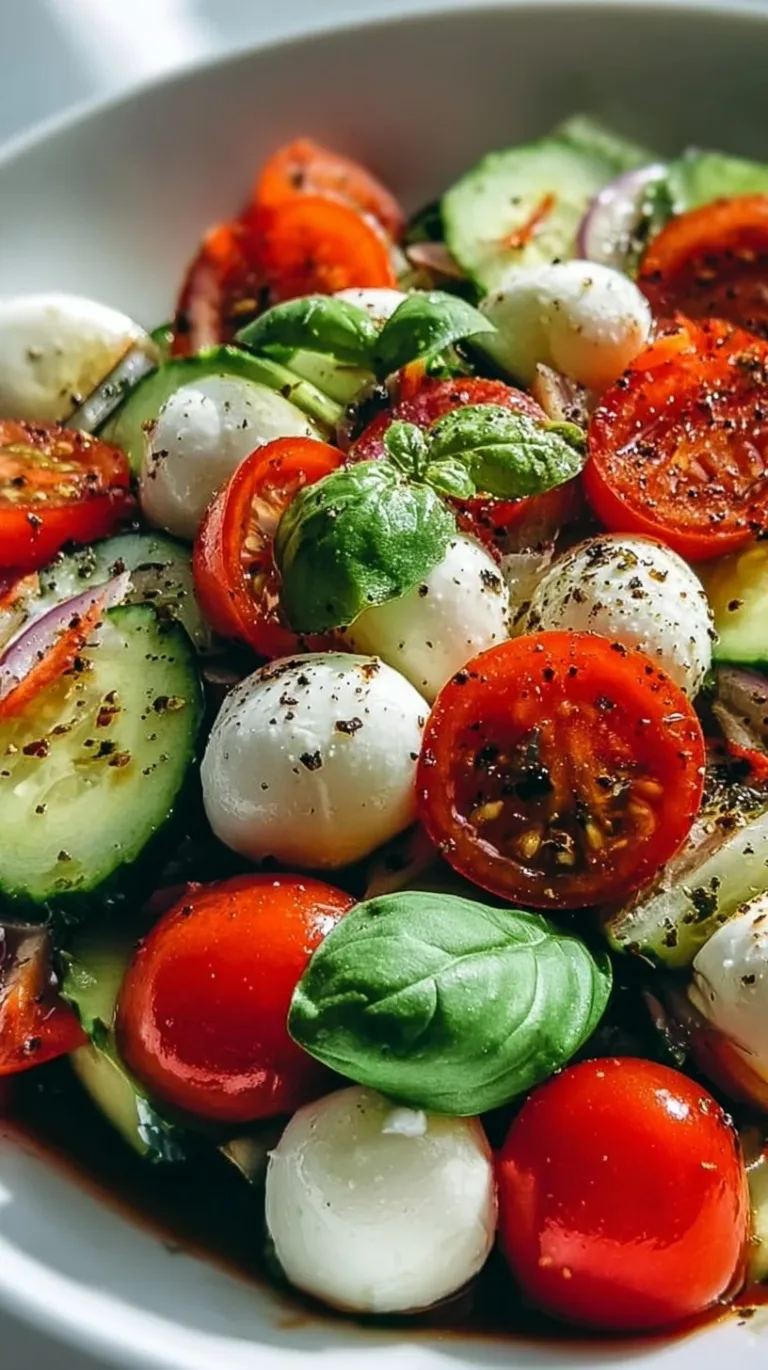 Cucumber Caprese salad with mozzarella, tomatoes, and fresh basil.