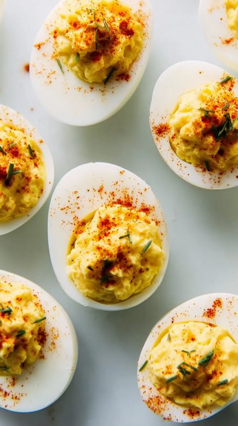 A platter of perfectly arranged deviled eggs garnished with paprika