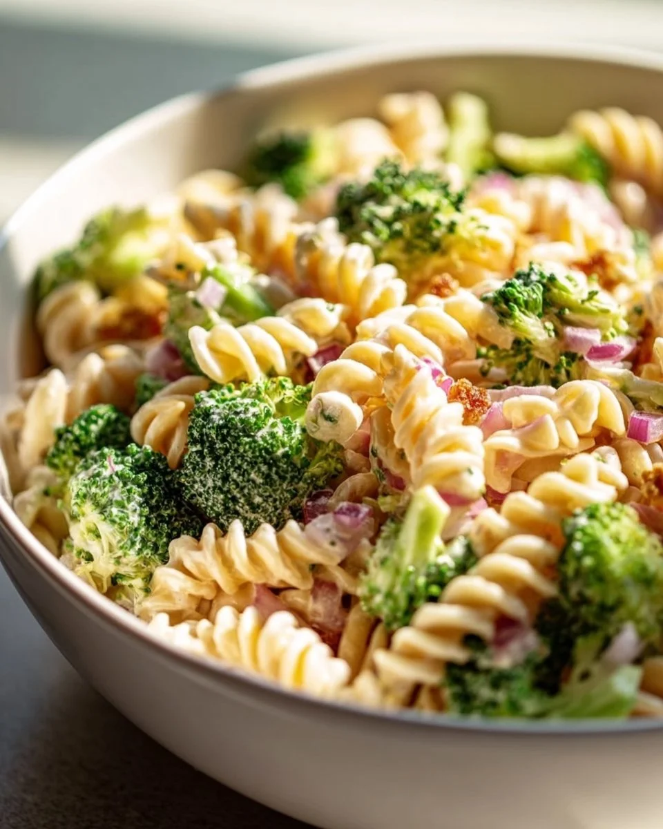 Colorful fresh broccoli pasta salad with vegetables and dressing