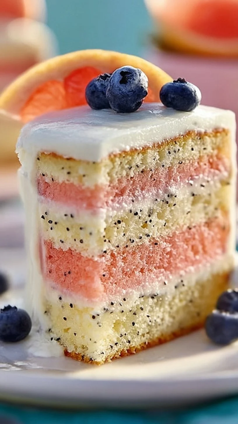 Grapefruit Poppy Seed Cake topped with citrus glaze on a white plate