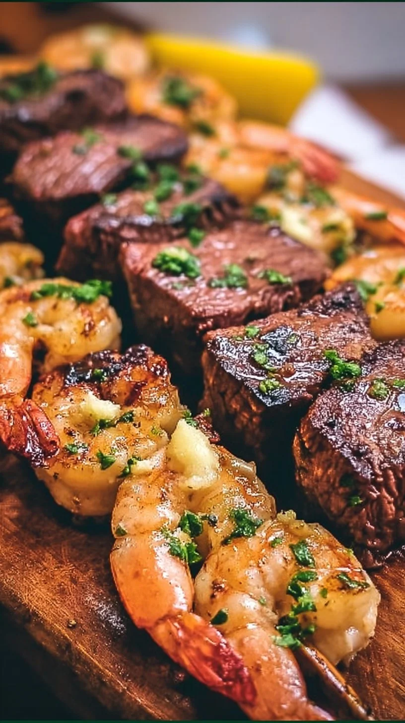 Grilled Steak and Shrimp Skewers with Garlic Butter