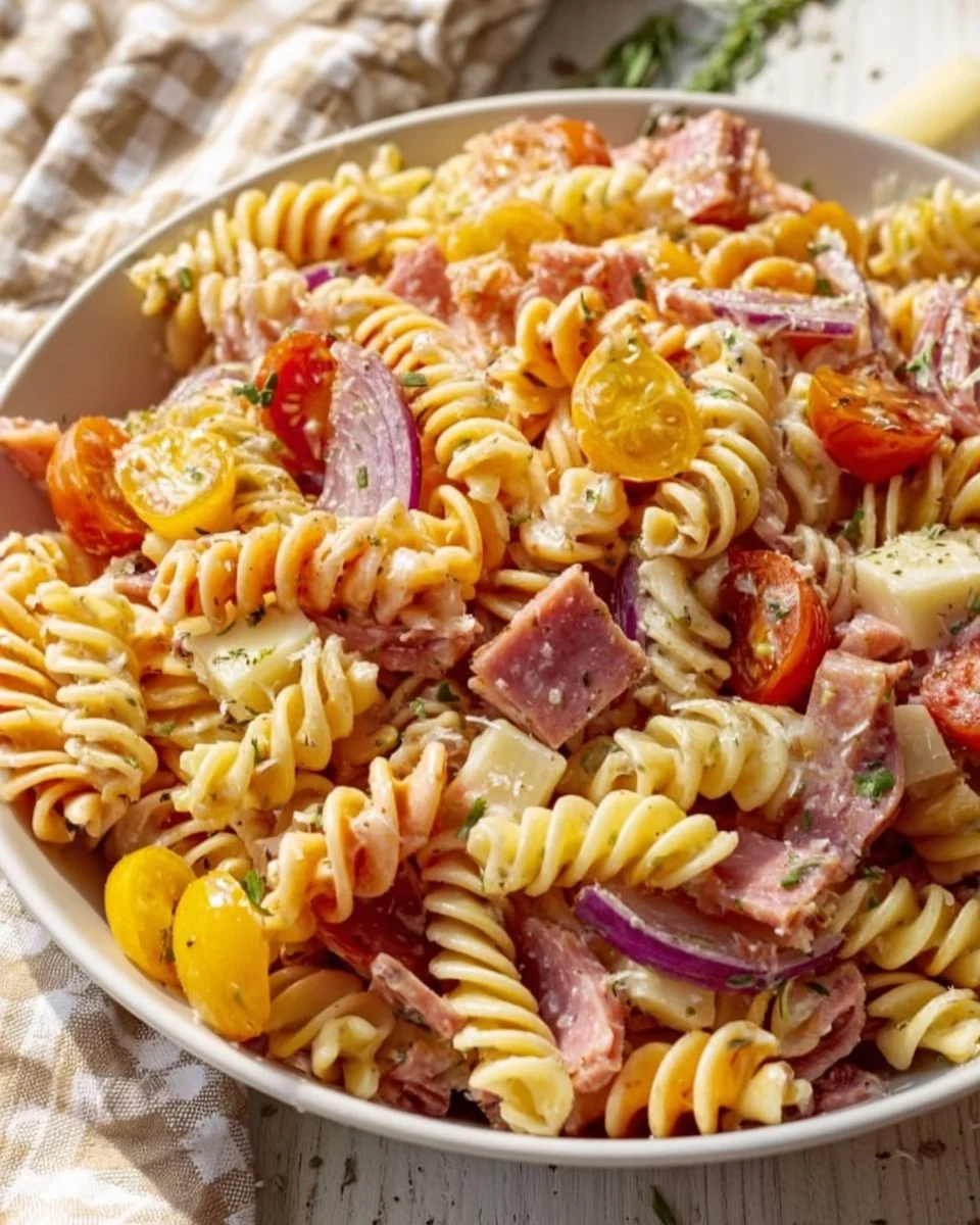 Bowl of colorful Grinder Pasta Salad with fresh veggies and dressing