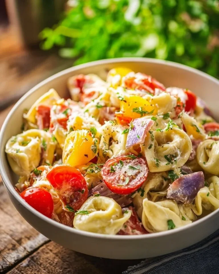 Healthy Grinder Tortellini Salad with fresh vegetables and dressing