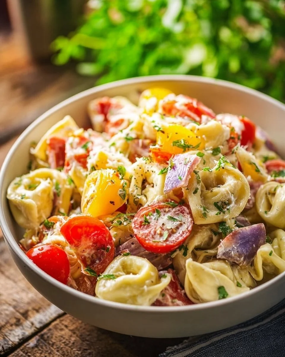 Healthy Grinder Tortellini Salad with fresh vegetables and dressing