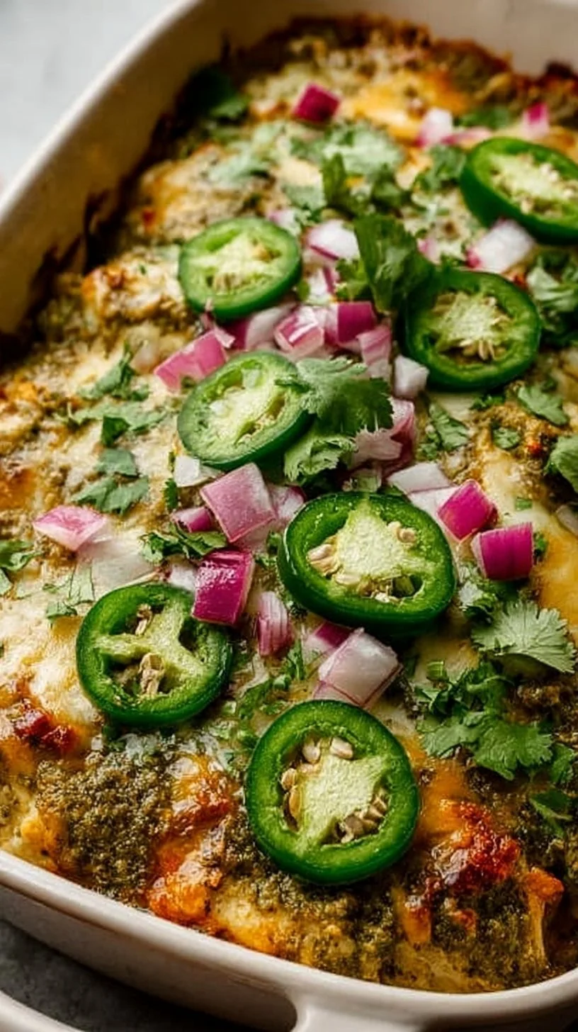 Healthy salsa verde chicken casserole dish served with fresh toppings