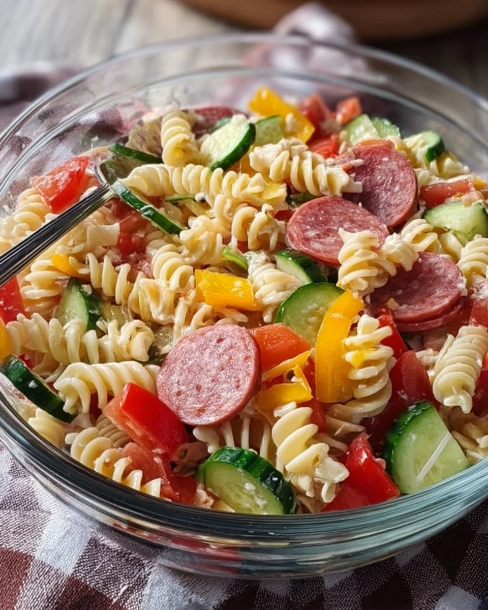 High Protein Italian Pasta Salad with colorful vegetables and pasta