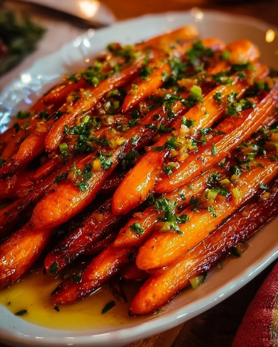 Plate of honey garlic butter roasted carrots garnished with herbs