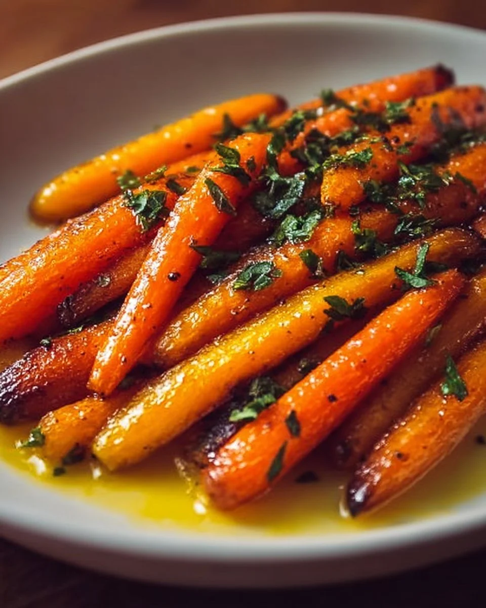 Plate of honey glazed roasted carrots, garnished and ready to serve