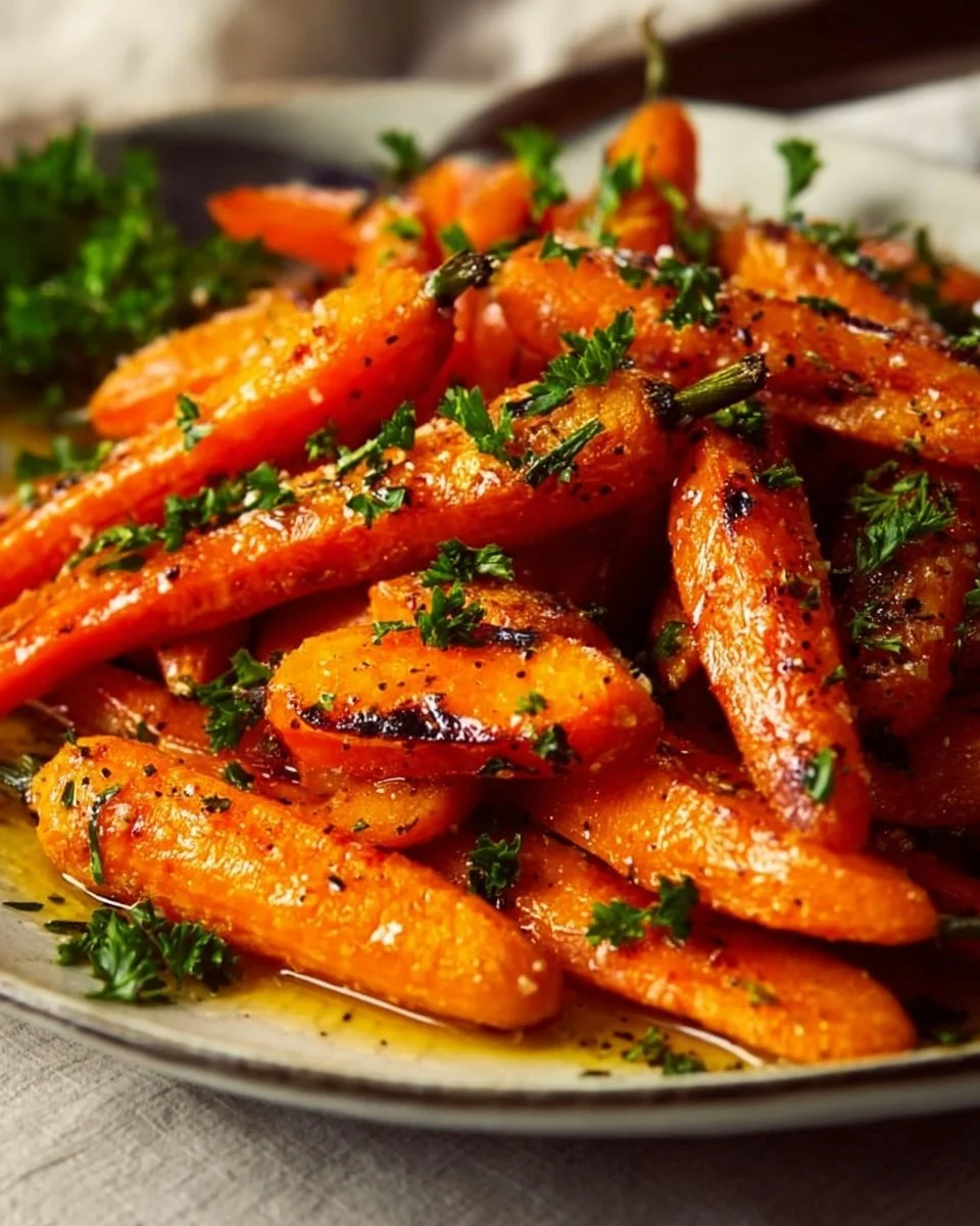 Honey roasted carrots served on a plate with a drizzle of honey and herbs