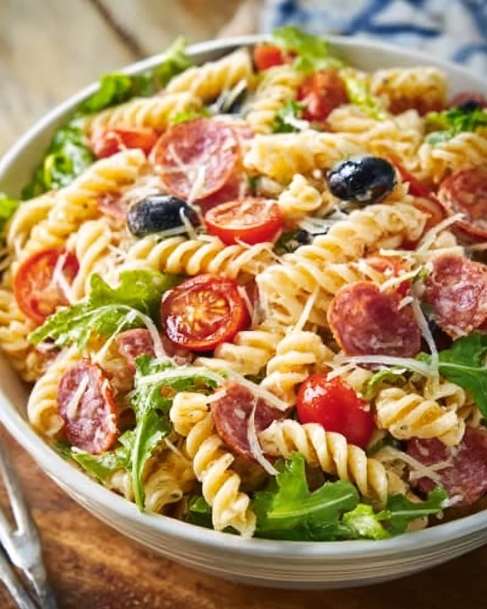 A bowl of Italian Grinder Pasta Salad with vibrant vegetables and pasta.
