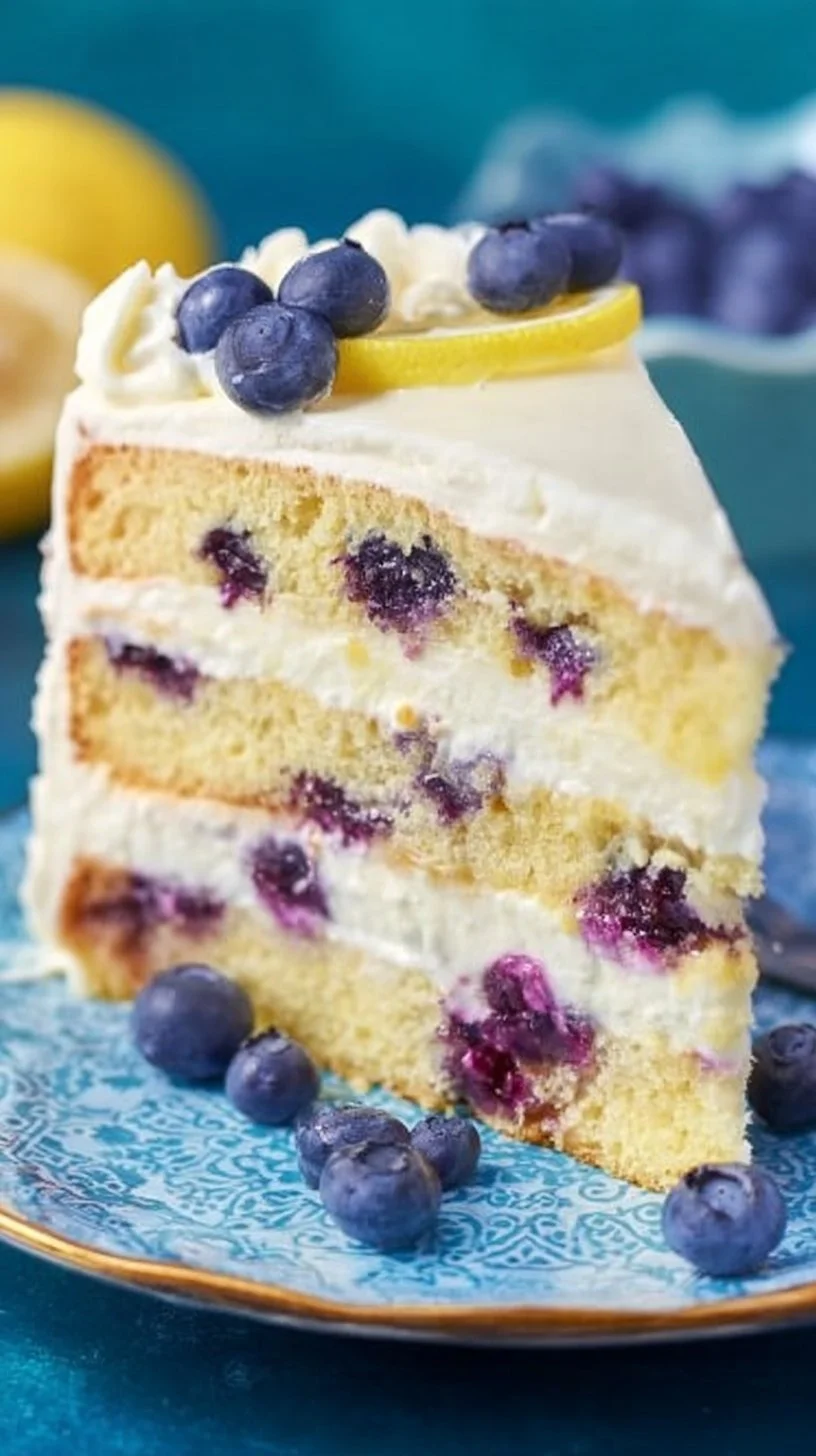 Delicious lemon blueberry cake topped with fresh blueberries and lemon zest